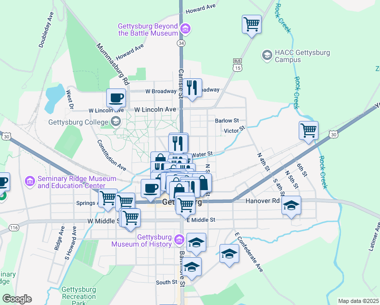 map of restaurants, bars, coffee shops, grocery stores, and more near 28 East Water Street in Gettysburg