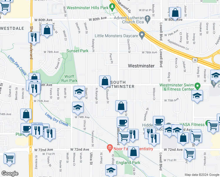 map of restaurants, bars, coffee shops, grocery stores, and more near 7562 Quitman Street in Westminster
