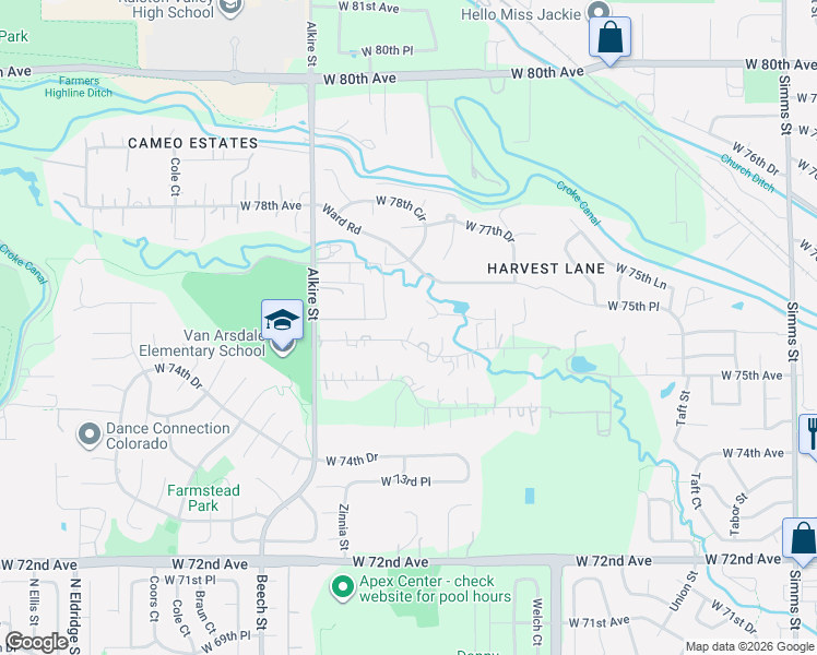 map of restaurants, bars, coffee shops, grocery stores, and more near 12943 West 75th Place in Arvada