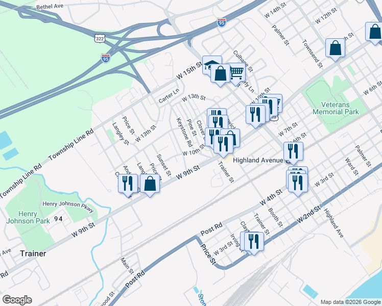 map of restaurants, bars, coffee shops, grocery stores, and more near 1004 Keystone Road in Chester