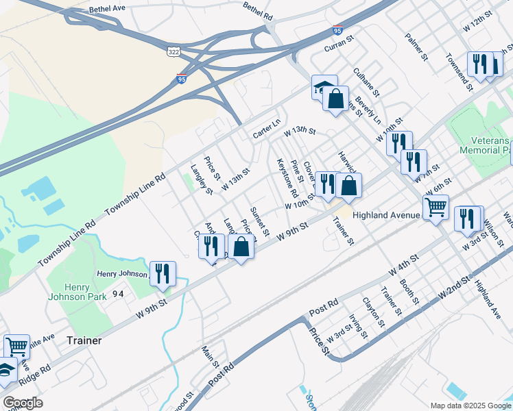 map of restaurants, bars, coffee shops, grocery stores, and more near 1015 Sunset Street in Trainer