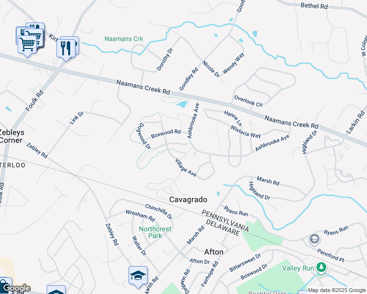 map of restaurants, bars, coffee shops, grocery stores, and more near 1635 Dogwood Drive in Garnet Valley
