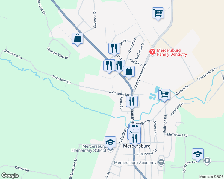 map of restaurants, bars, coffee shops, grocery stores, and more near 298 Brindle Drive in Mercersburg
