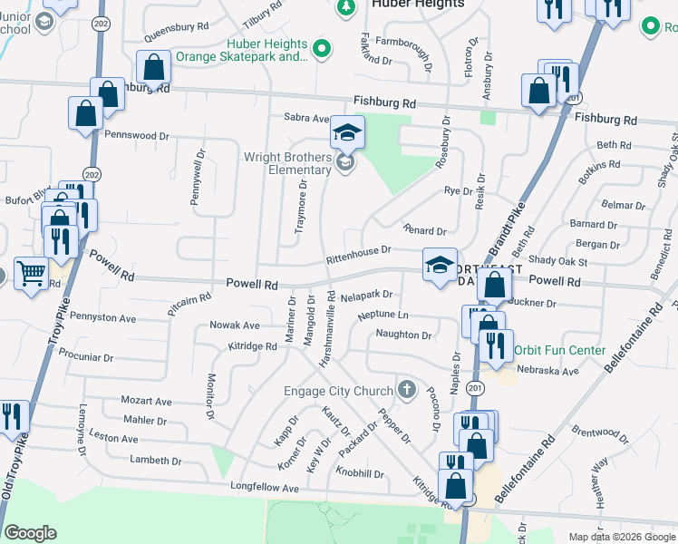 map of restaurants, bars, coffee shops, grocery stores, and more near 5613 Harshmanville Road in Dayton