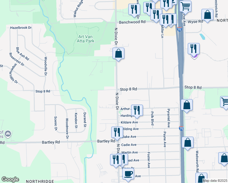map of restaurants, bars, coffee shops, grocery stores, and more near 2870 Stop 8 Road in Dayton