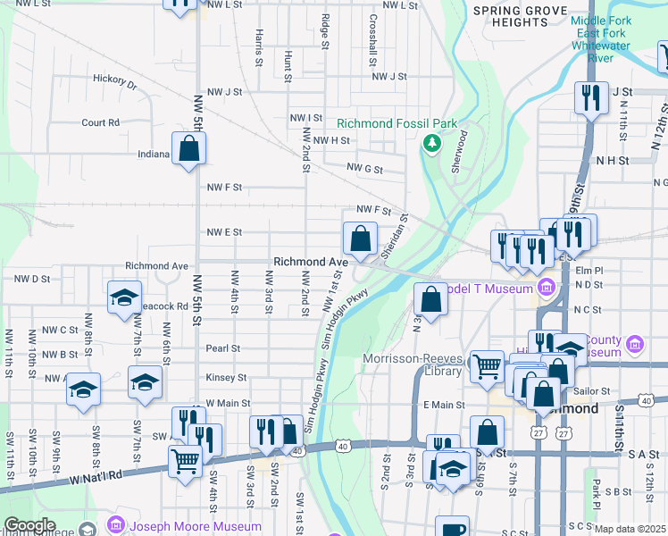 map of restaurants, bars, coffee shops, grocery stores, and more near 416 Northwest 1st Street in Richmond