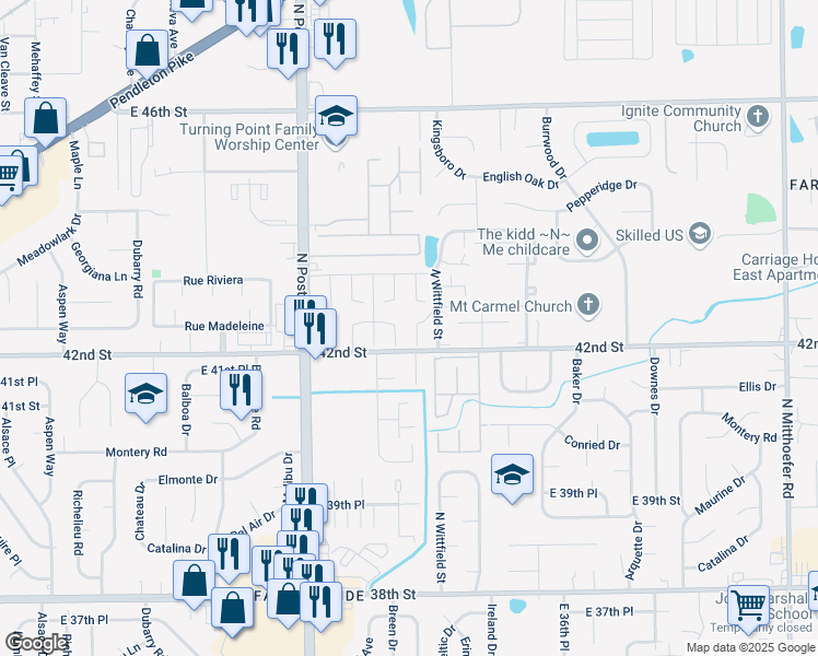 map of restaurants, bars, coffee shops, grocery stores, and more near 4212 North Wittfield Street in Indianapolis