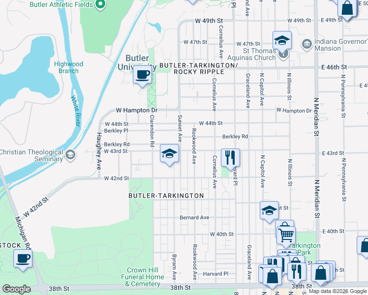 map of restaurants, bars, coffee shops, grocery stores, and more near 606 West 43rd Street in Indianapolis