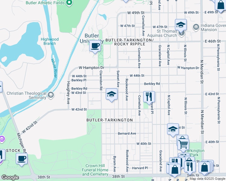 map of restaurants, bars, coffee shops, grocery stores, and more near 606 West 43rd Street in Indianapolis