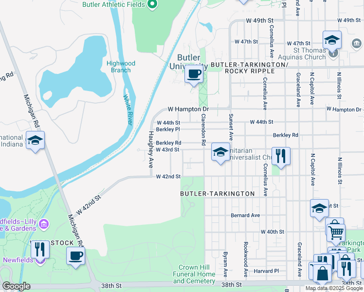 map of restaurants, bars, coffee shops, grocery stores, and more near 758 West 43rd Street in Indianapolis
