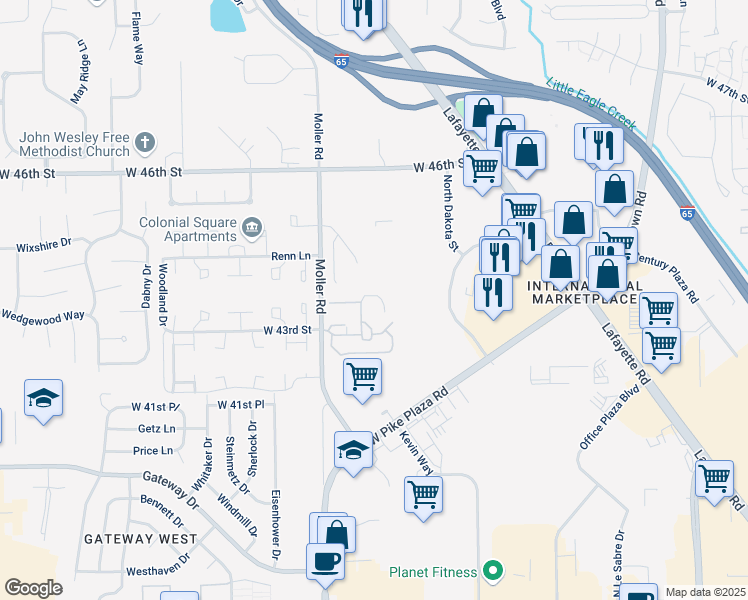 map of restaurants, bars, coffee shops, grocery stores, and more near 4373 Falcon Creek Boulevard in Indianapolis