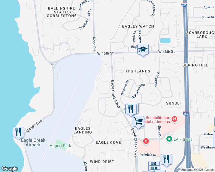 map of restaurants, bars, coffee shops, grocery stores, and more near 4260 Village Parkway Circle East in Indianapolis