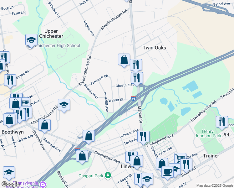 map of restaurants, bars, coffee shops, grocery stores, and more near 2218 Wharton Avenue in Upper Chichester
