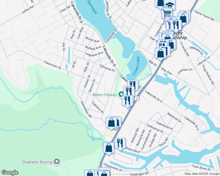 map of restaurants, bars, coffee shops, grocery stores, and more near 1217 Taylor Lane in Lacey Township