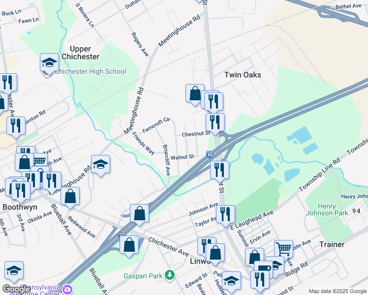 map of restaurants, bars, coffee shops, grocery stores, and more near 2218 Wharton Avenue in Upper Chichester