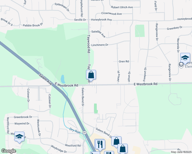 map of restaurants, bars, coffee shops, grocery stores, and more near 1820 Winston Woods Drive in Dayton