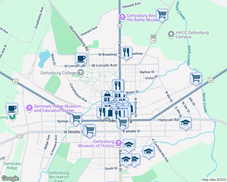map of restaurants, bars, coffee shops, grocery stores, and more near 17 Mummasburg Street in Gettysburg