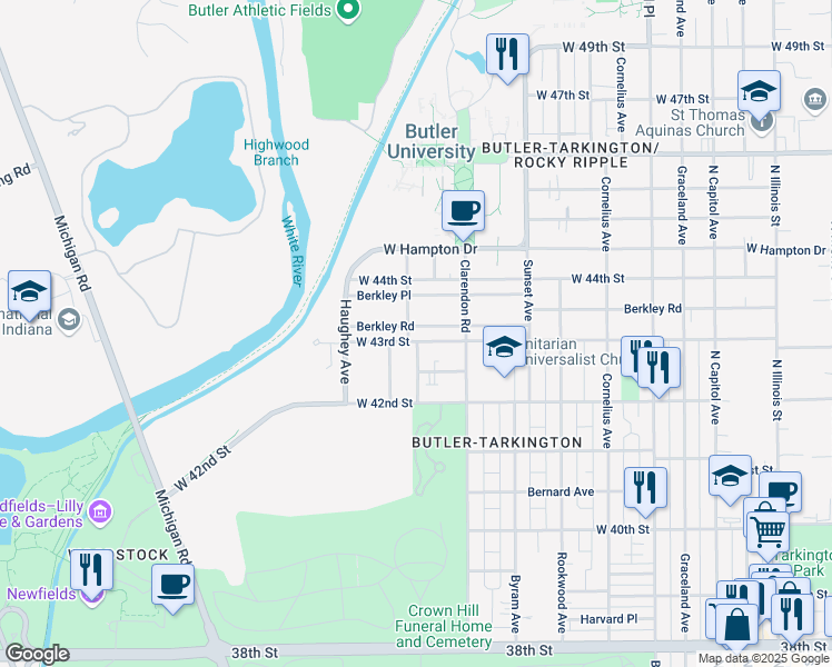 map of restaurants, bars, coffee shops, grocery stores, and more near 758 West 43rd Street in Indianapolis