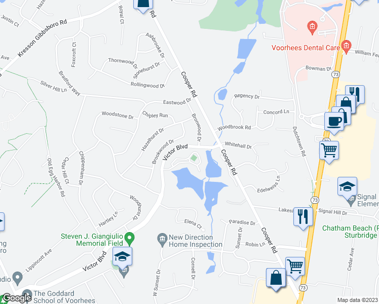 map of restaurants, bars, coffee shops, grocery stores, and more near 1203 Champlain Dr in Voorhees