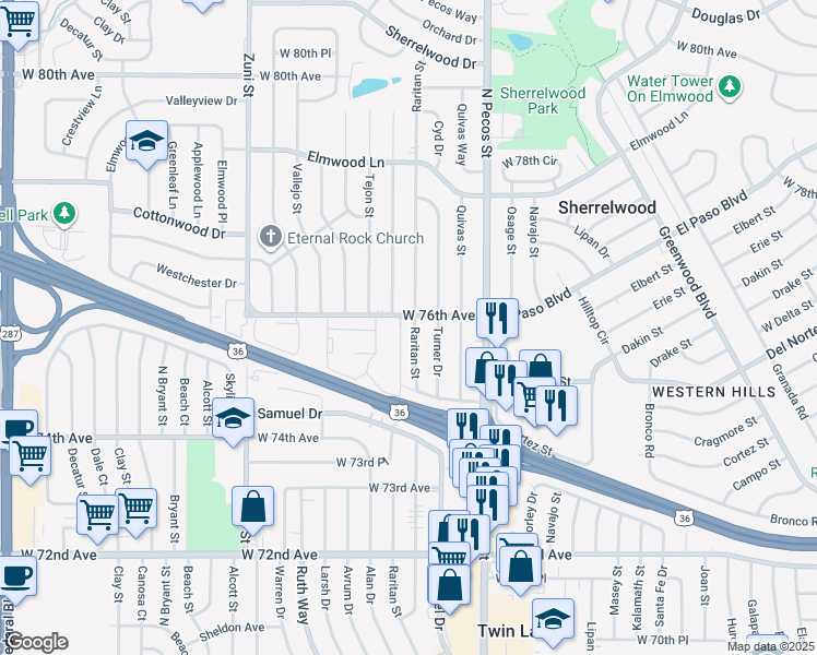 map of restaurants, bars, coffee shops, grocery stores, and more near 7602 Shoshone Street in Denver