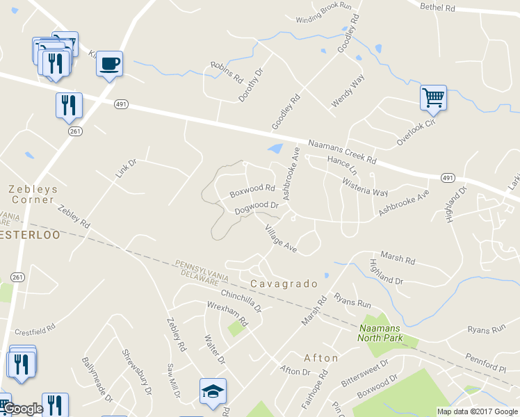 map of restaurants, bars, coffee shops, grocery stores, and more near 1635 Dogwood Drive in Garnet Valley