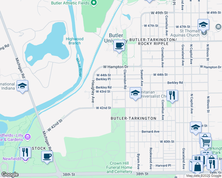 map of restaurants, bars, coffee shops, grocery stores, and more near 758 West 43rd Street in Indianapolis