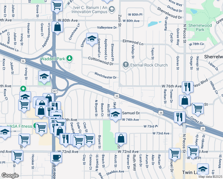 map of restaurants, bars, coffee shops, grocery stores, and more near 7574 Heather Place in Denver