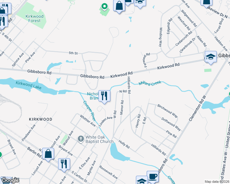 map of restaurants, bars, coffee shops, grocery stores, and more near 65 West Road in Gibbsboro