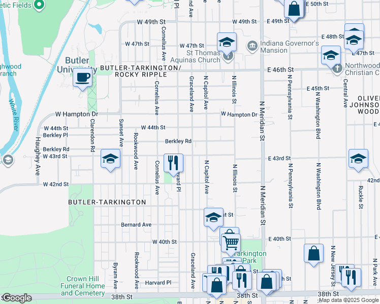 map of restaurants, bars, coffee shops, grocery stores, and more near 234 West 43rd Street in Indianapolis
