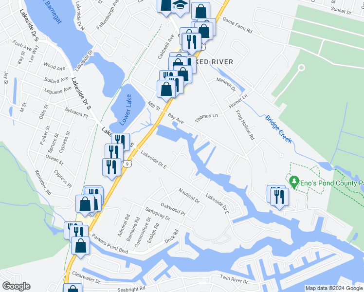 map of restaurants, bars, coffee shops, grocery stores, and more near 302 Marine Road in Lacey Township