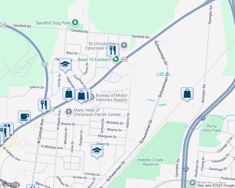 map of restaurants, bars, coffee shops, grocery stores, and more near 1248 Dellinger Drive in Fairborn