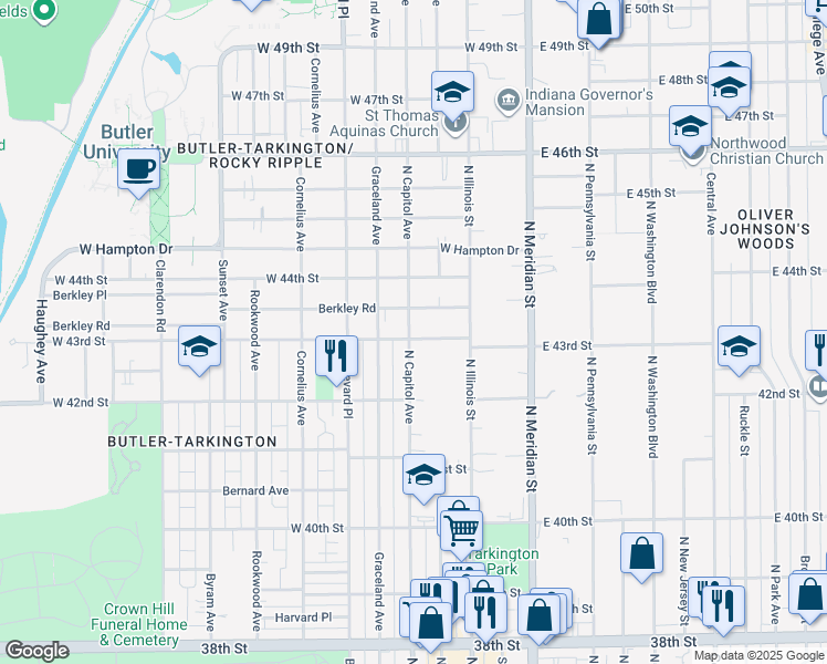 map of restaurants, bars, coffee shops, grocery stores, and more near 4303 North Capitol Avenue in Indianapolis
