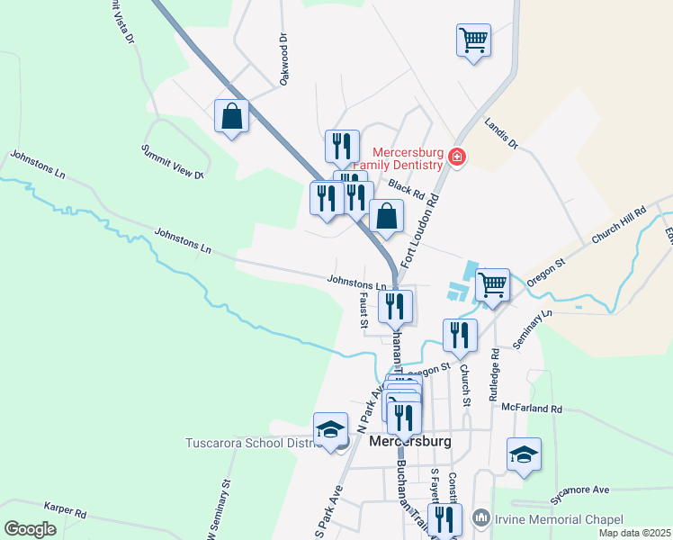 map of restaurants, bars, coffee shops, grocery stores, and more near Brindle Drive in Mercersburg