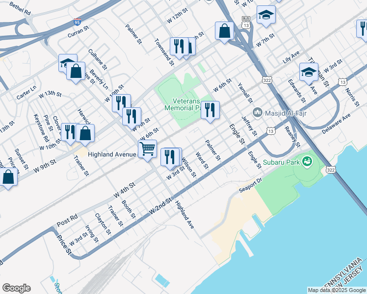 map of restaurants, bars, coffee shops, grocery stores, and more near 2516 West 4th Street in Chester