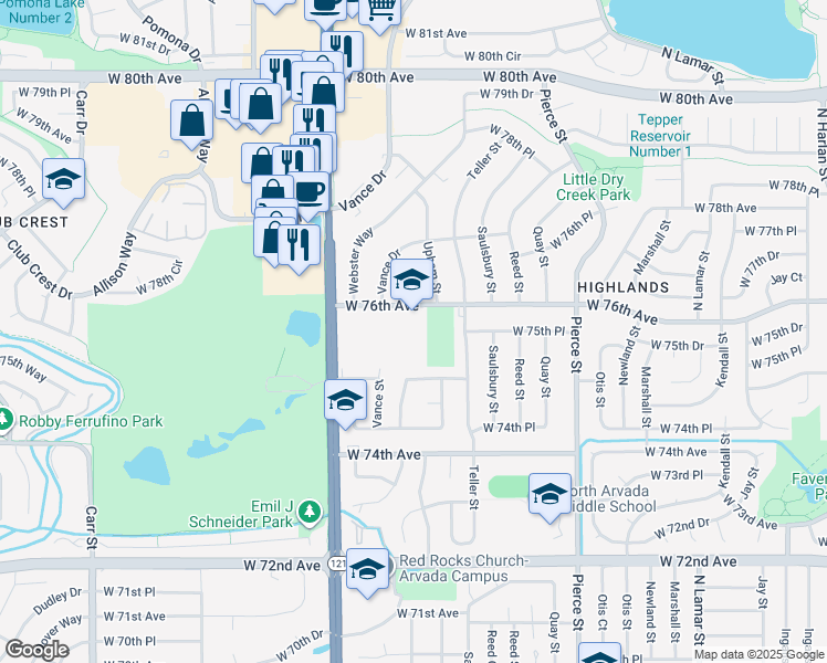 map of restaurants, bars, coffee shops, grocery stores, and more near 7300 West 76th Avenue in Arvada