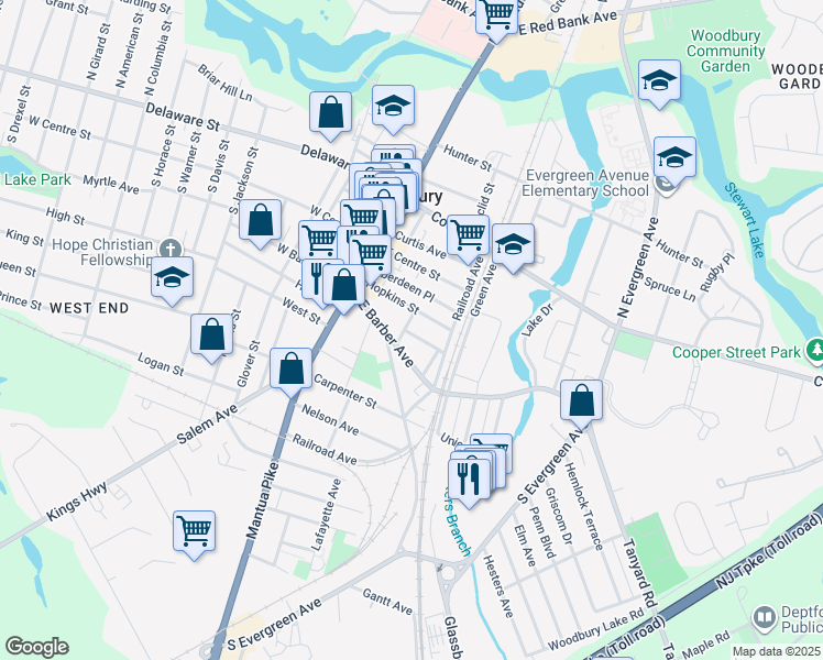map of restaurants, bars, coffee shops, grocery stores, and more near 160 Franklin Street in Woodbury