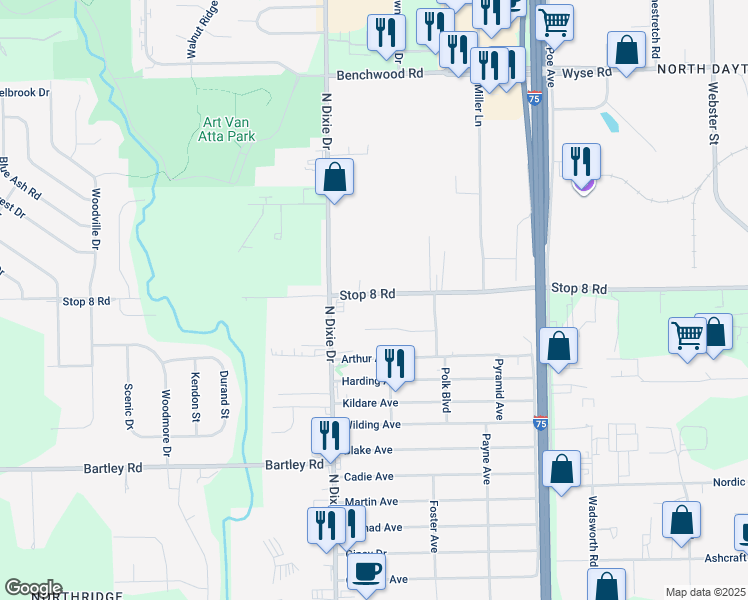 map of restaurants, bars, coffee shops, grocery stores, and more near 3060 Stop 8 Road in Dayton