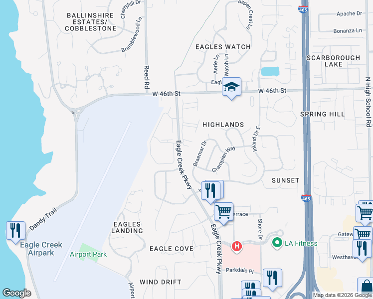 map of restaurants, bars, coffee shops, grocery stores, and more near 4417 Eagle Creek Parkway in Indianapolis