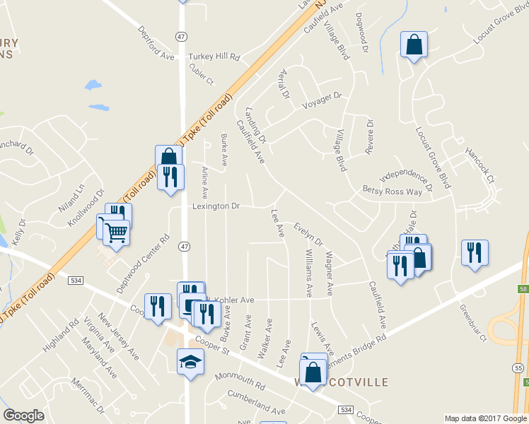 map of restaurants, bars, coffee shops, grocery stores, and more near 1107 Lexington Drive in Deptford Township