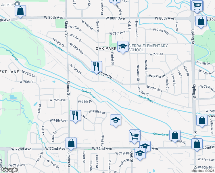 map of restaurants, bars, coffee shops, grocery stores, and more near 10805 West 73rd Place in Arvada