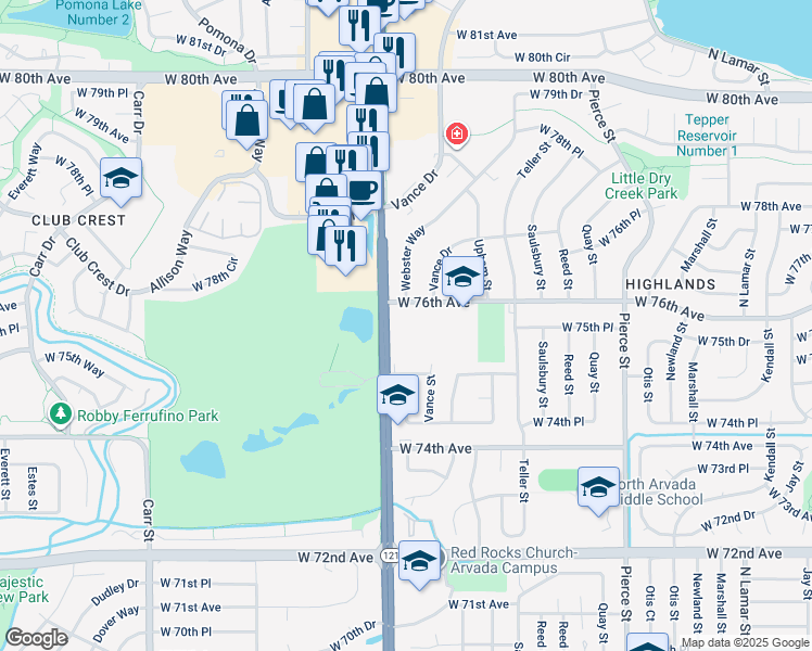 map of restaurants, bars, coffee shops, grocery stores, and more near 7590 Wadsworth Boulevard in Arvada
