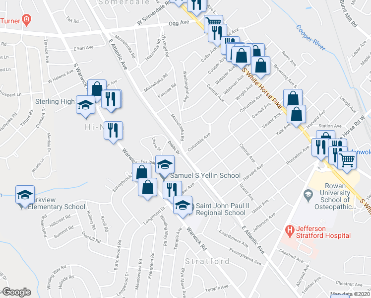 map of restaurants, bars, coffee shops, grocery stores, and more near 28 Rexford Drive in Hi-Nella