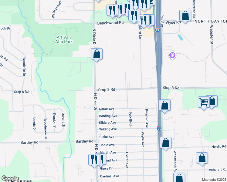 map of restaurants, bars, coffee shops, grocery stores, and more near 3060 Stop 8 Road in Dayton