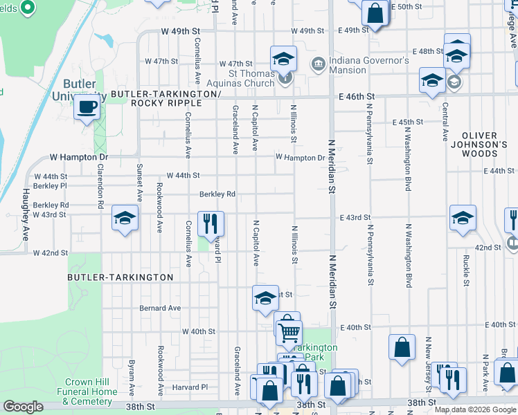 map of restaurants, bars, coffee shops, grocery stores, and more near 4303 North Capitol Avenue in Indianapolis