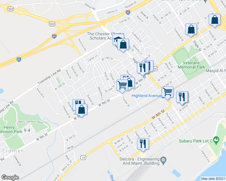 map of restaurants, bars, coffee shops, grocery stores, and more near 933 Keystone Road in Chester
