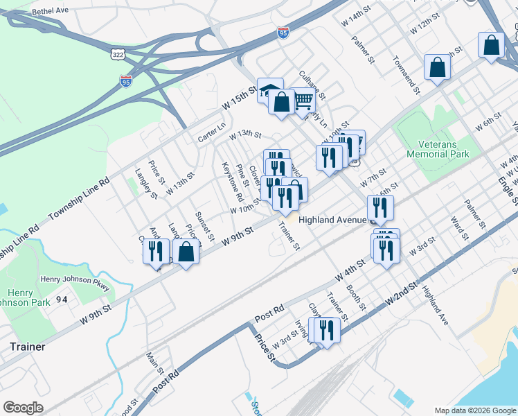 map of restaurants, bars, coffee shops, grocery stores, and more near 1004 Keystone Road in Chester