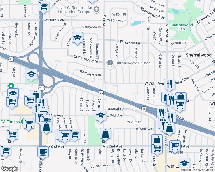 map of restaurants, bars, coffee shops, grocery stores, and more near 2380 West 76th Avenue in Denver