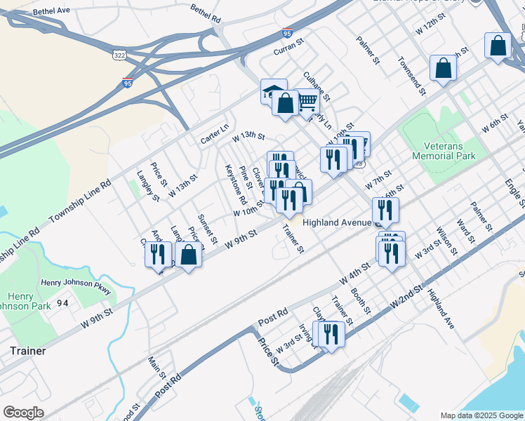 map of restaurants, bars, coffee shops, grocery stores, and more near 933 Keystone Road in Chester