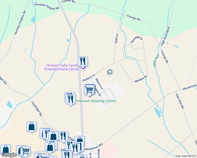 map of restaurants, bars, coffee shops, grocery stores, and more near 1687 Beech Lane in Hanover