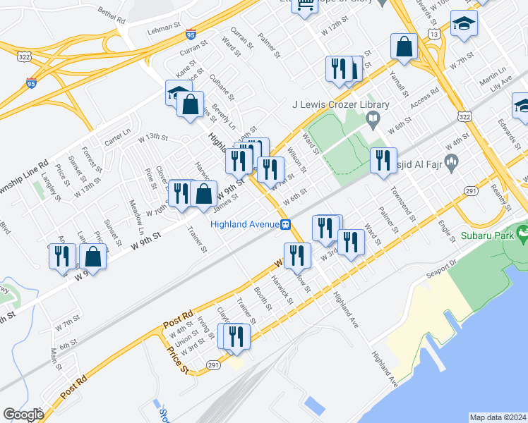 map of restaurants, bars, coffee shops, grocery stores, and more near 2816 West 6th Street in Chester